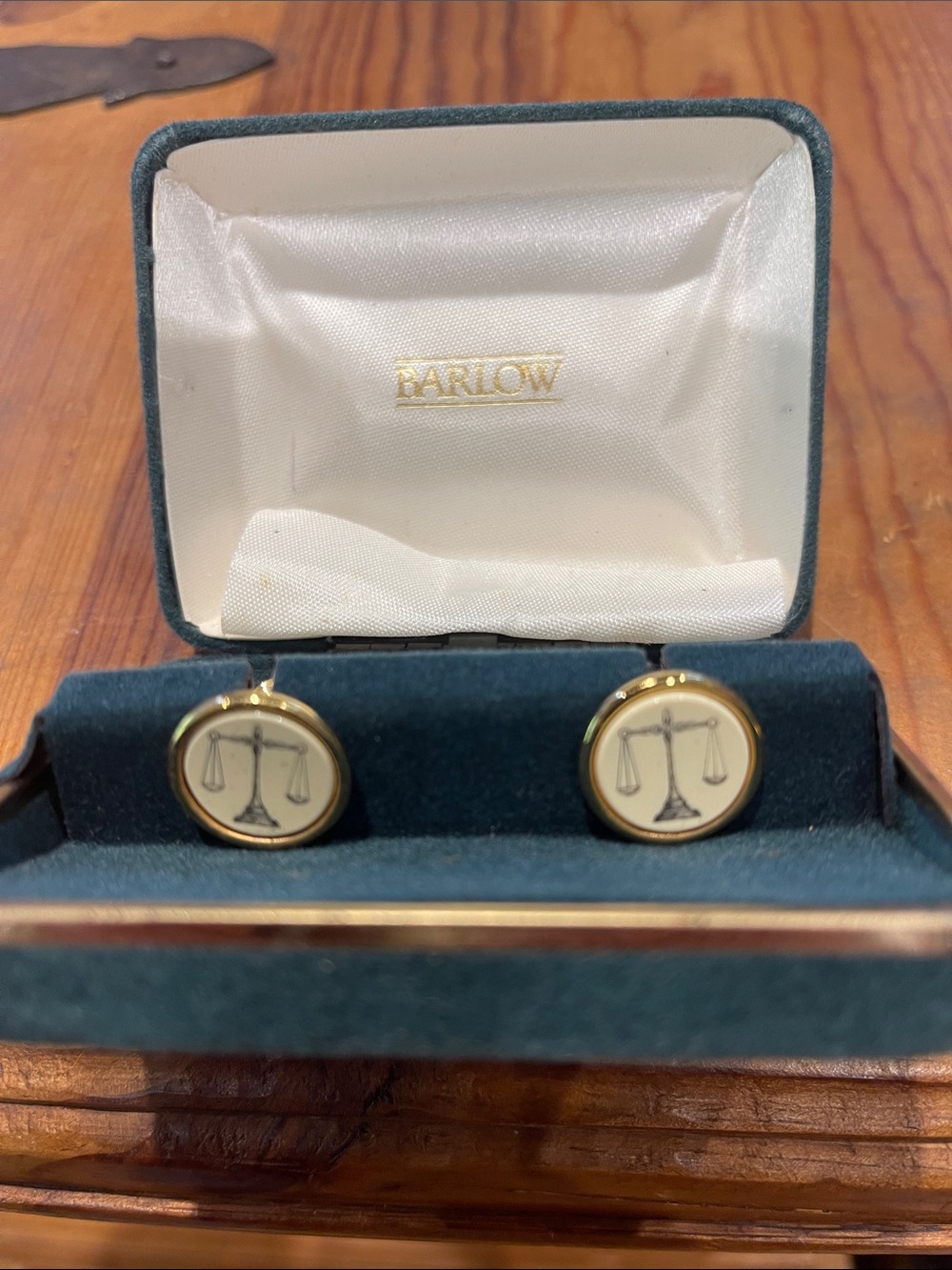 Barlow Gold-Tone Scales of Justice cuff links in Cream and Faux scrimshaw
